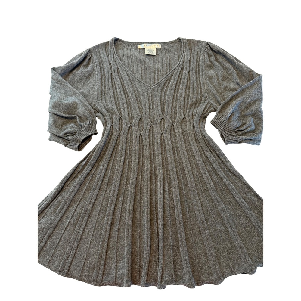 Max Studio Womens Gray Ribbed V-Neck Empire Waist Puff Sleeve Top A705475 L